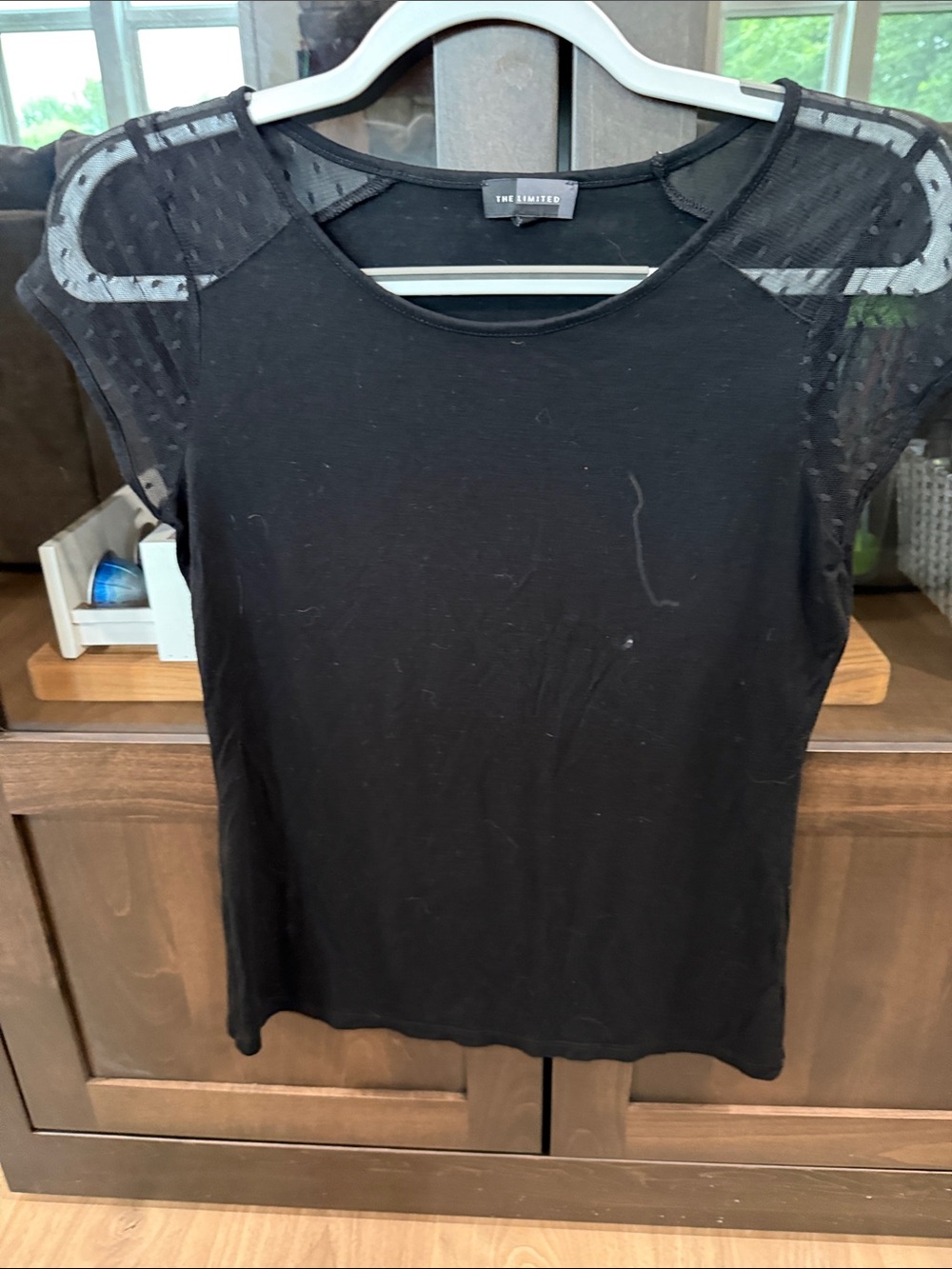 The Limited Black Scoop Neck Top with Dotted Mesh Cap Sleeves
